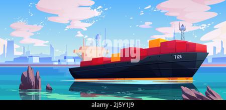 Cargo ship in sea port dock, industrial vessel with containers freight in harbor shipyard, goods import and export maritime logistic service Commercia Stock Vector