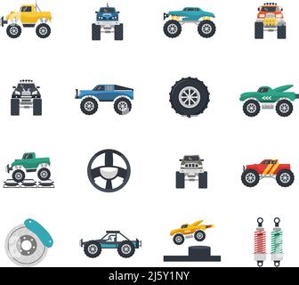 Monster truck and heavy vehicles flat icons set isolated vector illustration Stock Vector