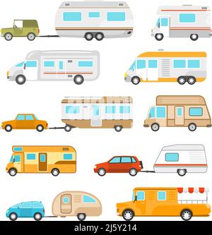 Recreational vehicle icons set with different types of motorhomes flat isolated vector illustration Stock Vector