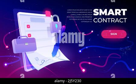 Smart contract web banner, e-signature on document at mobile screen, digital secured internet technology. Padlock and briefcase on futuristic neon bac Stock Vector