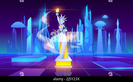 Statue of Liberty neon city sci-fy background, New York monument in synth retro wave style. Usa culture ladmark, fantastic buildings, virtual reality Stock Vector