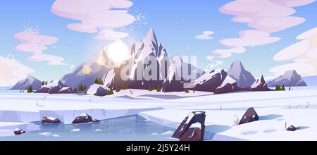 Cold winter in Canada, wild northern nature rocky landscape cartoon vector background with morning sun rising over mountains snowy peaks, field of sno Stock Vector