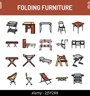 Folding furniture color line icons set. Signs for web page, mobile app, button. Editable stroke. Stock Vector