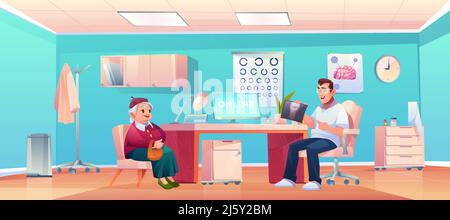 Senior patient at doctor therapist office, old lady and man practitioner at hospital medical office or cabinet for consultation and medicine diagnosis Stock Vector