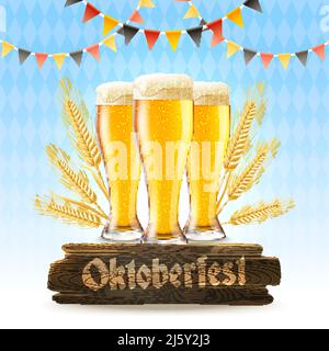 Oktoberfest poster with realistic lager glasses wheat and wooden signboard vector illustration Stock Vector