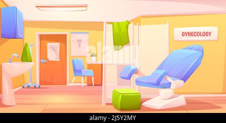 Gynecology doctor office. Patient examination room with gynecological chair and folding screen. Cabinet for women with medical equipment. Reproductive Stock Vector