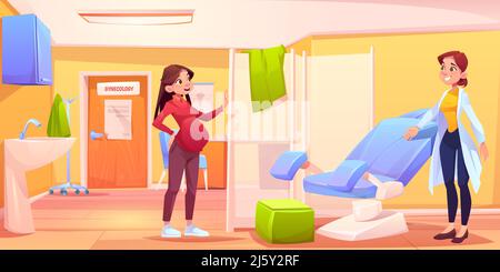 Pregnant woman in gynecology office. Doctor invite patient in examination room with gynecological chair and folding screen. Obstetrician cabinet with Stock Vector