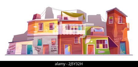 Ghetto with ruined buildings, abandoned old houses with broken windows and scribbled flaky walls. Dilapidated dirty street dwellings isolated on white Stock Vector