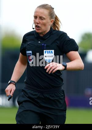 BARNET, ENGLAND - APRIL 24: Referee Lisa Benn during  Barclays FA Women's Super League between Tottenham Hotspur and Chelsea at The Hive, Barnet , UK Stock Photo