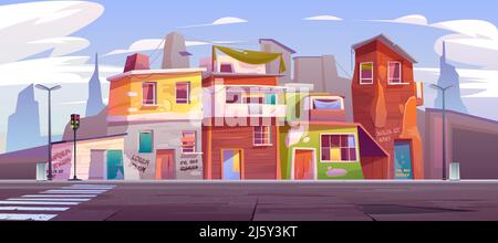 Ghetto street with ruined abandoned houses, old buildings with broken windows and scribbled walls. Dilapidated dwellings stand on roadside with crossw Stock Vector