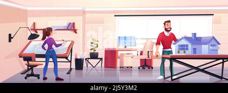 Architects working in office with blueprint and building mockup. Designers man and woman create house project in design studio workshop or engineer ro Stock Vector