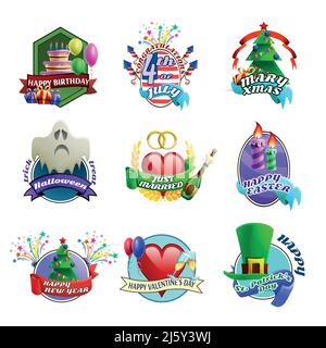 Season holidays weddings celebration and birthday parties colorful cartoon style emblems for invitations and greetings isolated vector illustrations Stock Vector