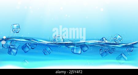 Ice cubes in water with splashes and drops. Dynamic motion of transparent aqua with droplets and air bubbles, pure hydration background for drink adve Stock Vector