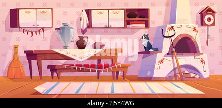 Old russian kitchen interior with traditional stove, wooden table, bench, cuckoo-clock, samovar, grip, shelf with pots, jug for milk, rag on floor and Stock Vector