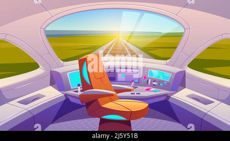 Train cockpit with control panel and armchair, empty railway car cabin with electronic dashboard, buttons and panoramic windows with rails and summer Stock Vector