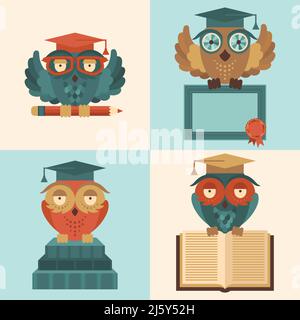 Flat colored owl in graduation caps with books and diploma silhouette set isolated vector illustration Stock Vector