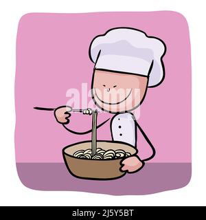 Chef eating noodles clip art vector illustration Stock Vector