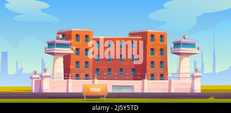 Prison building, jail fenced with strained barbed wire on high wall, searchlights on watchtowers, criminal institution facade exterior red brick wall Stock Vector