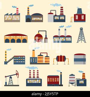 Industrial building factories and plants icons set isolated vector ...