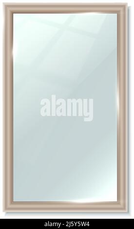 3d realistic vector icon. Rectangular vertical big mirror. Reflection surface in frame. Interior design furniture. Stock Vector
