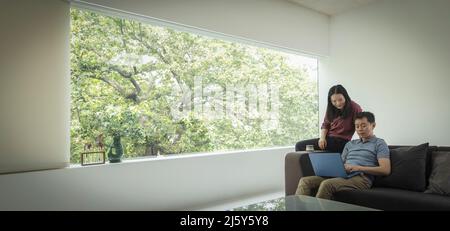 Couple using laptop on sofa in modern living room Stock Photo