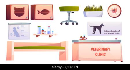 Veterinary vet clinic furniture and stuff set isolated on white background. Reception desk, couch, shelf for medicine, chair, clock. Animals hospital Stock Vector