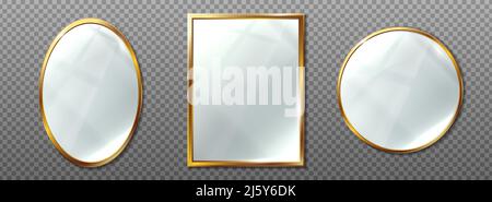 3d realistic vector icon set. Collection of oval, round and rectangular mirrors. Reflection surface in golden frame. Interior design furniture. Stock Vector