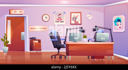 Radio station studio interior, empty room with table, microphones pc on air signboard and professional equipment for music programs and podcast broadc Stock Vector