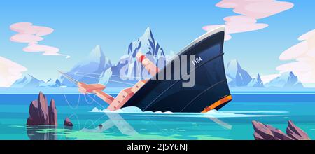 Shipwreck accident, ship run aground sinking in ocean, vessel going under water surface on seascape background with rocks, mountains and cloudy sky, m Stock Vector