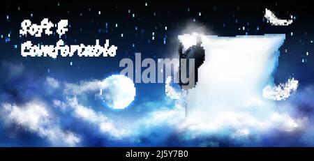 Pillow with blindfold in night sky with full moon, stars and clouds banner. White square soft cushion and black sleep mask mock up for comfortable sle Stock Vector