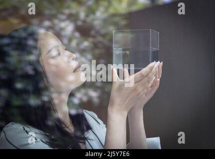Close up female designer looking at cube with liquid at window Stock Photo