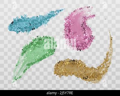 Eyeshadow smears, crushed dry powder blush palette brush strokes set. Beauty make up cosmetics texture swatch, smudge trace samples isolated on transp Stock Vector