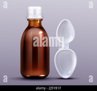 Cough syrup bottle and spoon with big and small scoops for adults and kids dosage. Brown glass blank flask mock up, flu remedy package design for medi Stock Vector