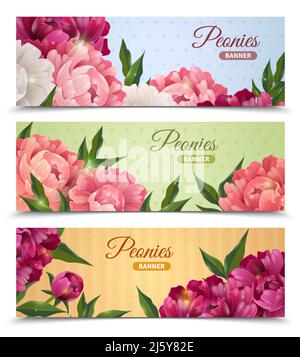Flower horizontal realistic banners set with peonies isolated vector illustration Stock Vector