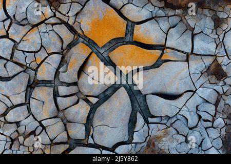 Full frame abstract background of textured earth with dried ground and various black cracks creating patterns on gray surface Stock Photo