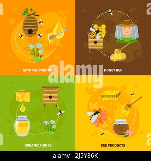 Honey and bees icons set with natural products symbols flat isolated vector illustration Stock Vector