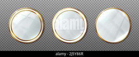 3d realistic vector icon set. Beauty make up round mirrors with golden frames in different shapes. Stock Vector