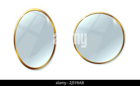3d realistic vector icon set. Two mirrors with gold frame oval and round. Isolated on white background. Stock Vector