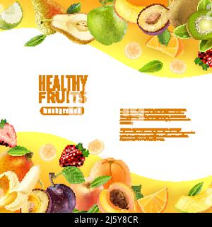 Healthy fresh natural organic fruits diet colorful background banner with tropical bananas and kiwis  abstract vector illustration Stock Vector