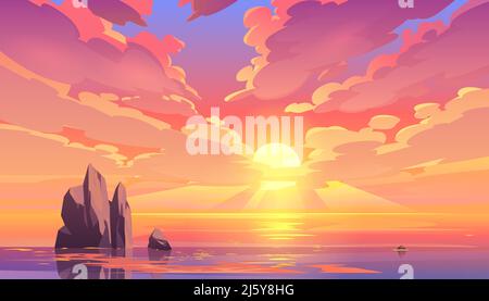 Sunset or sunrise in ocean, nature landscape background, pink clouds flying in sky to shining sun above sea with rocks sticking up of water surface. E Stock Vector