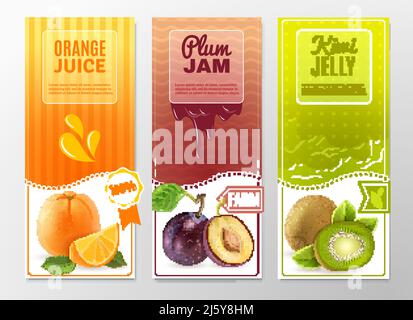 Orange juice plum jam and kiwi jelly 3 vertical colorful advertisement banners set abstract isolated vector illustration Stock Vector