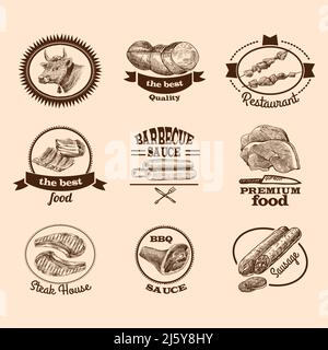 Meat food best quality premium steak decorative labels sketch set isolated vector illustration Stock Vector