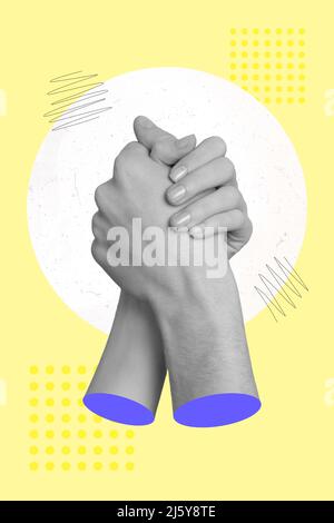 Vertical view collage picture image of two hands shaking holding together isolated over yellow color background Stock Photo