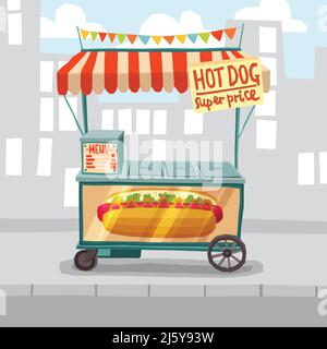 Hot dog cart shop on city street background vector illustration Stock Vector