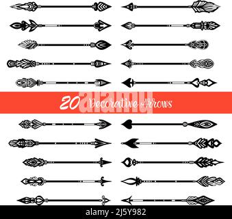 Twenty black  horizontal hand drawn arrows set in vintage style on white background  isolated  vector illustration Stock Vector