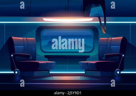 Train night inside interior, empty railway car with comfortable seats near large window with beautiful mountain landscape view and luggage storage abo Stock Vector