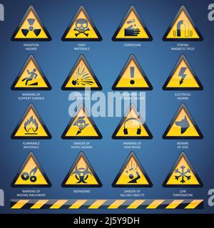 Dangerous hazard and other warning signs set isolated vector illustration Stock Vector