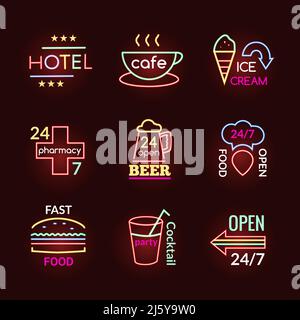 Neon signs of beer pub hotel and pharmacy set isolated vector illustration Stock Vector