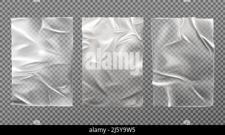 White wet paper, bad glued wheatpaste set. Wrinkled and creased sheets with crumpled texture isolated on transparent background, blank posters mock up Stock Vector