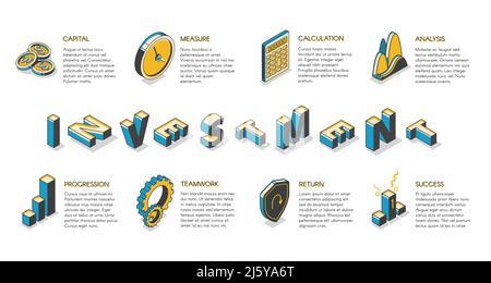Investment isometric banner, invest fund and capital business service, planning strategy for increase money and finance wealth components. Information Stock Vector